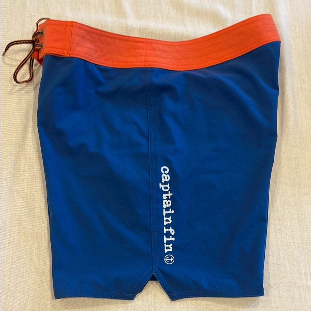 B0864 Captain Fin Men's Blue and Orange Swim Shorts Sz 32